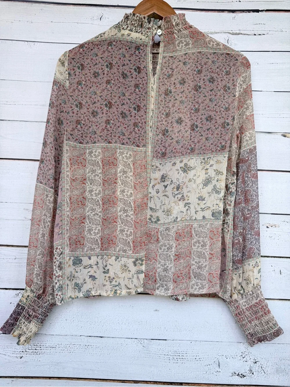 Living Doll LA Patchwork Smocked Mock Neck Blouse - Size Small